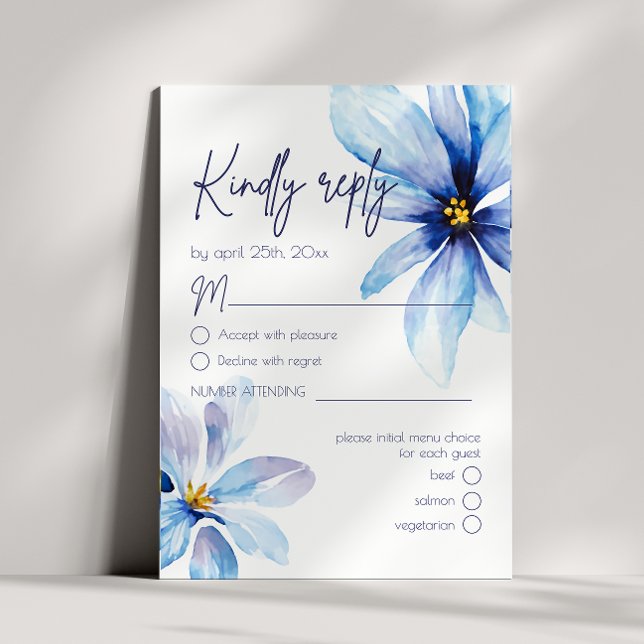 Blue Flower Minimalist Menu Choice Wedding RSVP (Creator Uploaded)