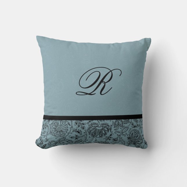 Blue Flower Monogram Custom Cotton Pillow (Front)