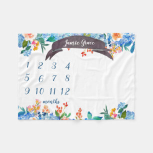 Blue Flower Monthly Milestone Baby Girl Blanket