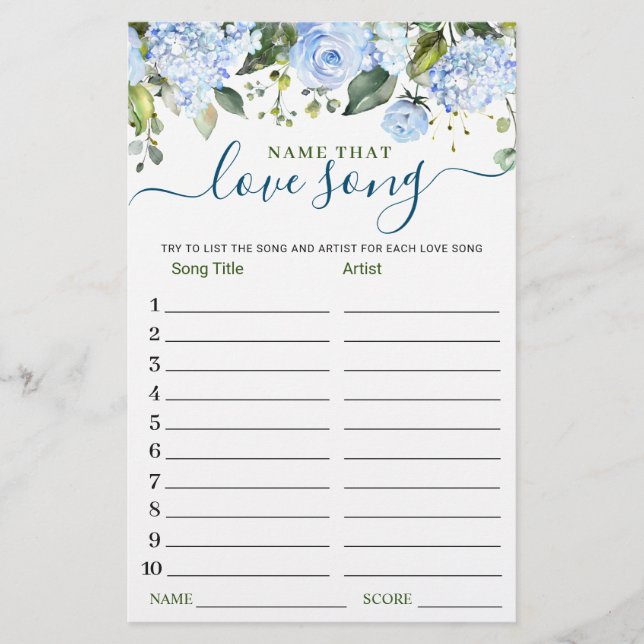 Blue Flower Name that Love Song Bridal Shower Game (Front)