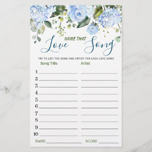 Blue Flower Name that Love Song Bridal Shower Game