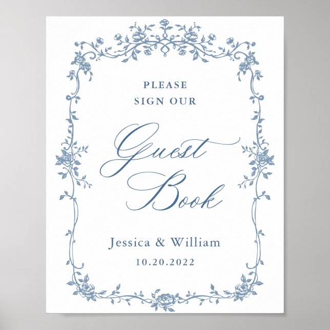 Blue Flower Ornate Victorian Grace Guestbook Sign (Front)
