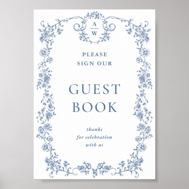 Blue Flower Ornate Victorian Grace Guestbook Sign (Front)