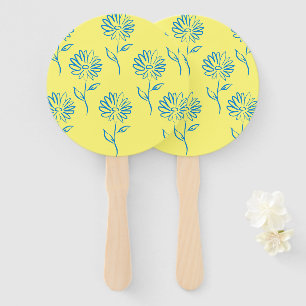 Blue Flower Outline In A Yellow Background Hand Fan