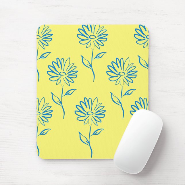 Blue Flower Outline In A Yellow Background Mouse Mat (With Mouse)