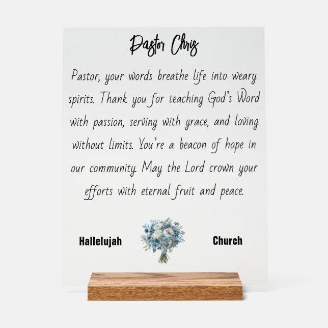 Blue Flower Pastor Appreciation Acrylic Sign (Front)