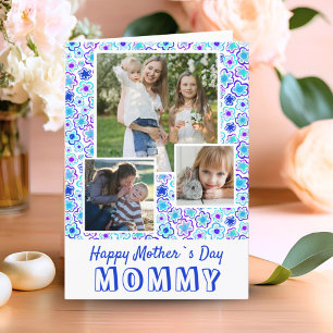 Blue Flower Pattern Happy Mother`s Day 3 Photo  Card
