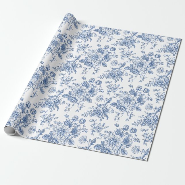 Blue Flower Pattern Wrapping Paper (Unrolled)