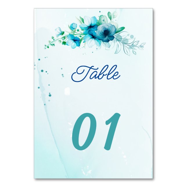 Blue Flower Personalised Wedding Table Number (Front)