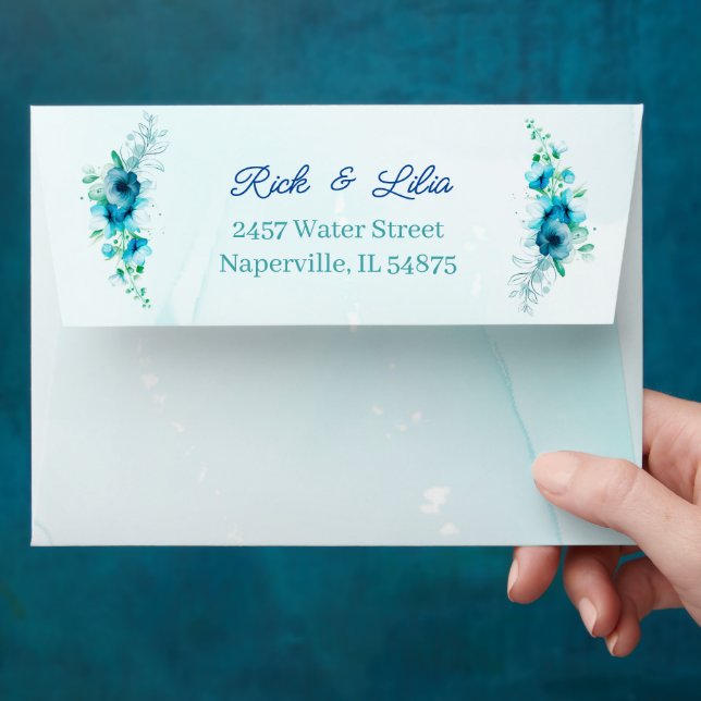 Blue Flower Personalised Welcome Wedding Envelope (Hand)