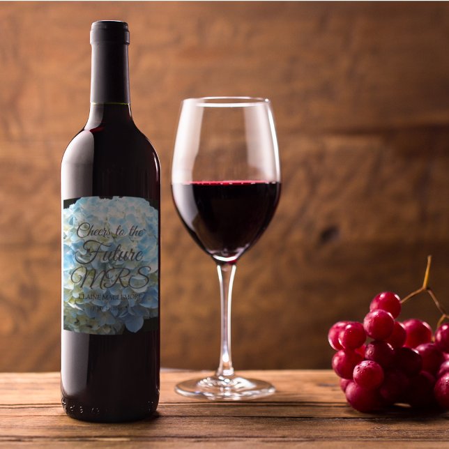 Blue Flower Petals Floral Bridal Shower Wine Label (In Situ)