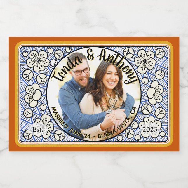 Blue Flower Photo Wedding Honey Jar Favour Labels (Single Label)