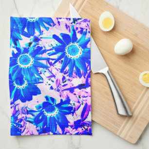 Blue flower power art tea towel