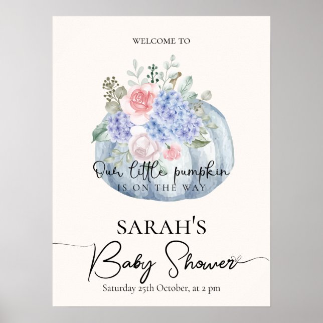 Blue Flower Pumpkin Fall Baby Shower Welcome Sign (Front)