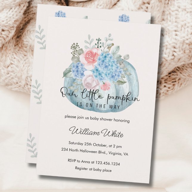 Blue Flower Pumpkin Halloween Fall Baby Shower  Invitation (Blue Flower Pumpkin Halloween Fall Baby Shower Invitation)