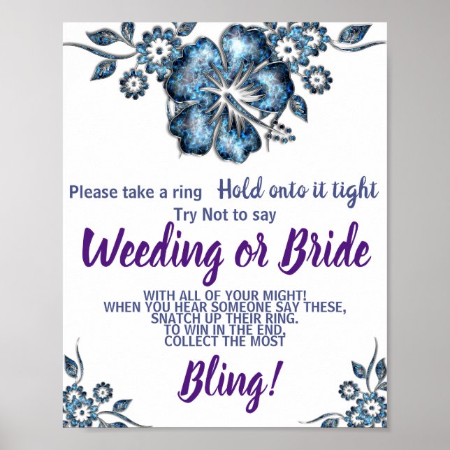 Blue Flower Put a Ring on Bridal Shower Game Sign (Front)