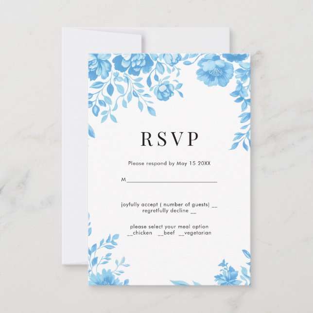 Blue Flower Retro floral wedding RSVP  (Front)