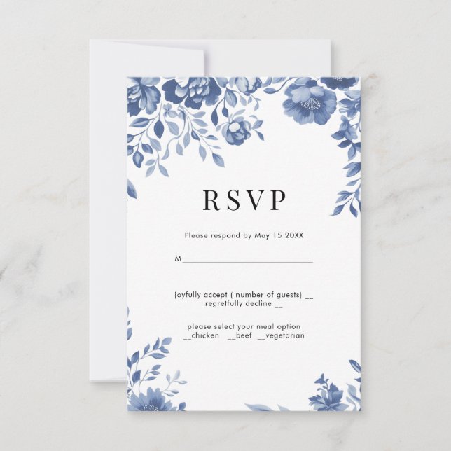 Blue Flower Retro floral wedding RSVP  (Front)