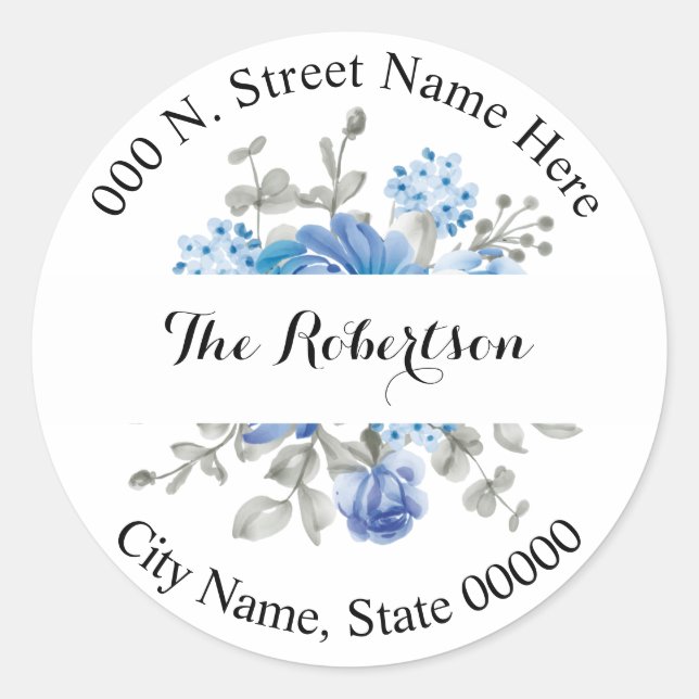 Blue Flower Return Address Classic Round Sticker (Front)