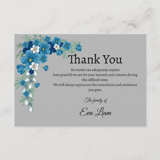 Blue flower sympathy funeral thank you card (Front)