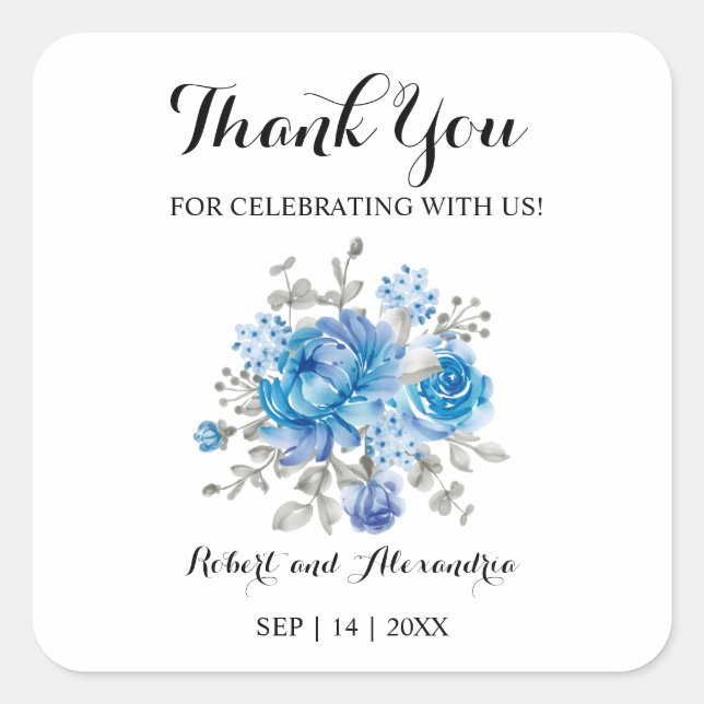 Blue Flower Thank You for Coming Wedding Square Sticker (Front)