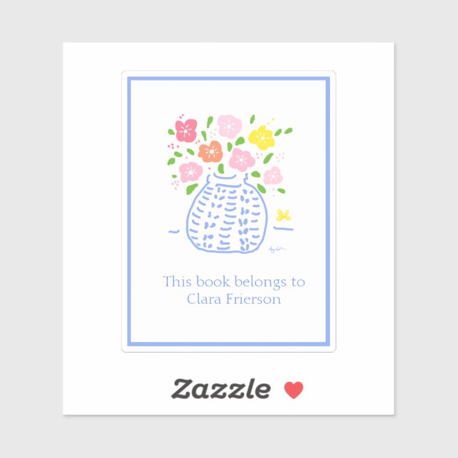 Blue Flower Vase Bookplate Sticker (Sheet)