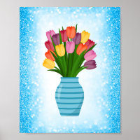 Blue Flower Vase with colourful Tulips with Border
