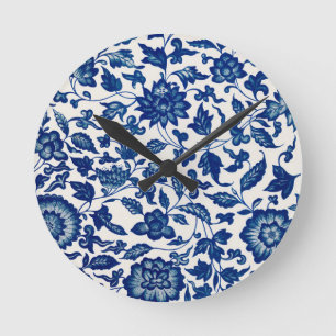 Blue Flower Vintage Pattern Round Clock