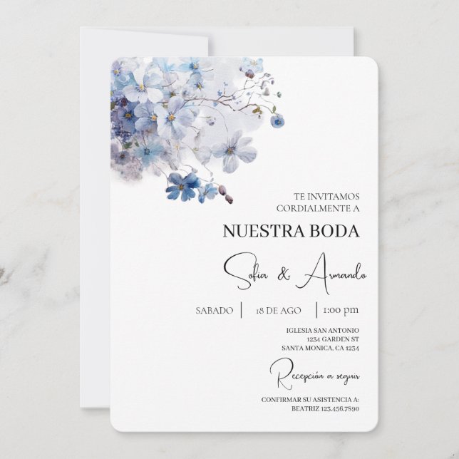 Blue flower water colour Wedding Invitation (Front)