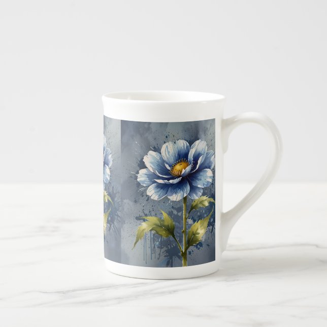 Blue flower watercolour pattern bone china mug (Right)