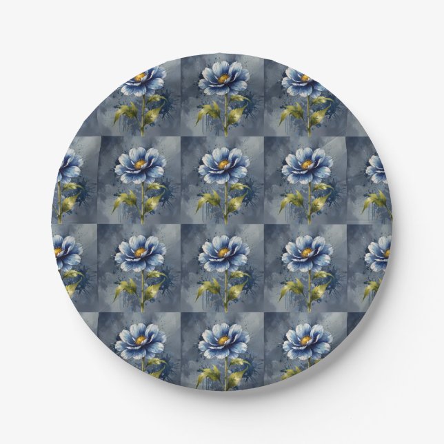 Blue flower watercolour pattern paper plate (Front)