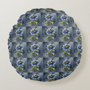 Blue flower watercolour pattern round cushion