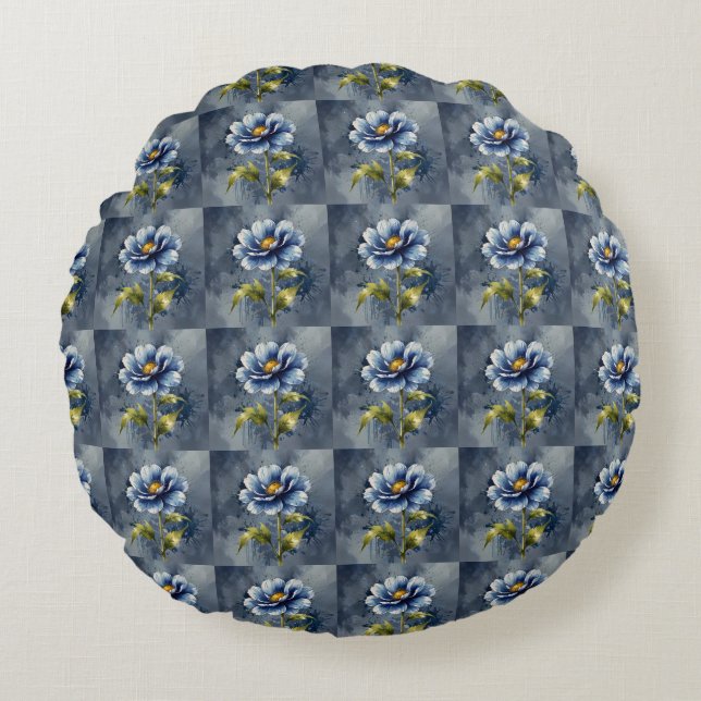 Blue flower watercolour pattern round cushion (Front)