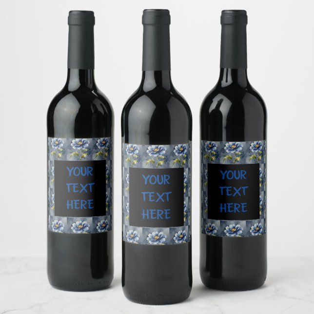 Blue flower watercolour pattern wine label (Bottles)