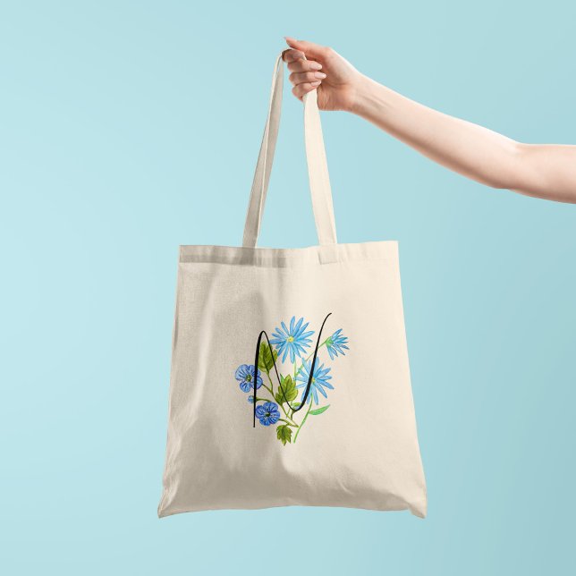 Blue flower watercolour with your initial 1 side tote bag (Creator Uploaded)
