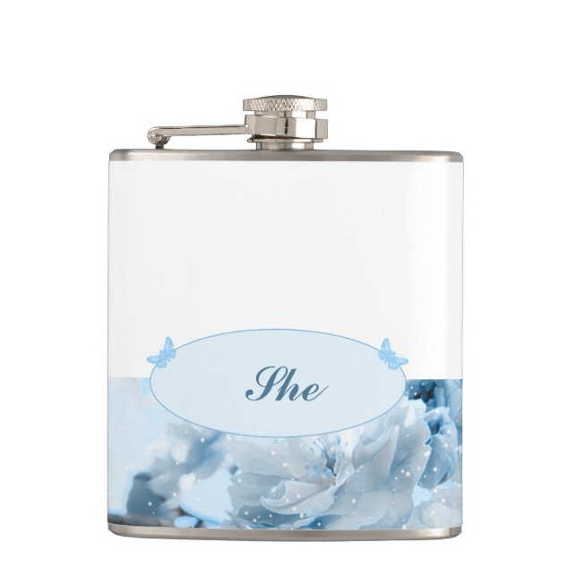 Blue Flower Wedding Invitation Hip Flask (Front)