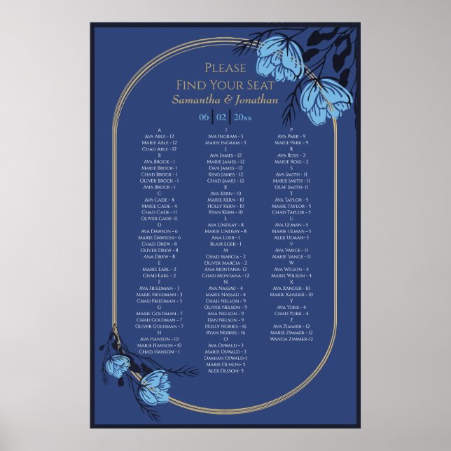 Blue Flower Wedding Seating Chart (Front)