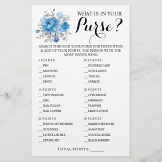 Blue Flower What is in your Purse Shower Game Card