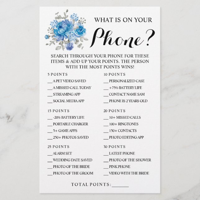 Blue flower What is on your Phone Shower Game Card (Front)