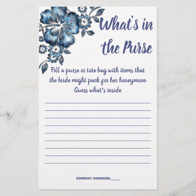BLUE FLOWER WHAT'S IN THE PURSE SHOWER GAME CARD (Front)