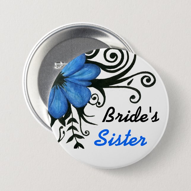 Blue Flower with Black Leaves & Swirls  7.5 Cm Round Badge (Front & Back)