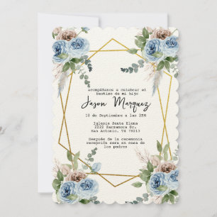 blue flower with gold frame baptism invitation
