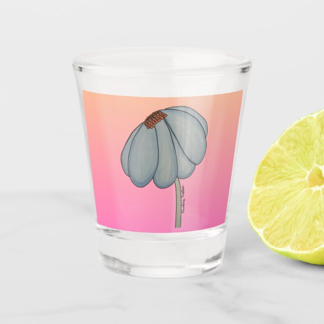 Blue flower with pink background shot glass (Front)