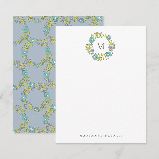 Blue Flower Wreath Monogram Personal Stationery Invitation (Front/Back)