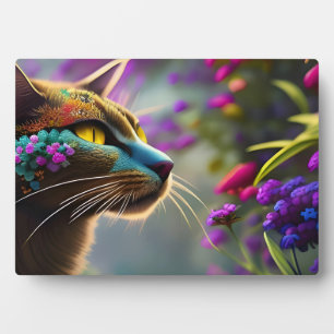 Blue flowered calico cat, Fantasy  Plaque