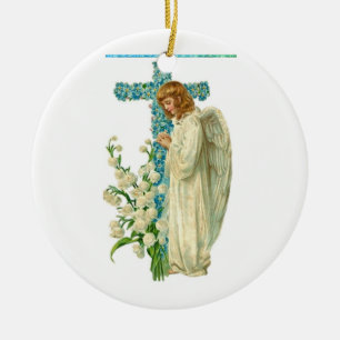 Blue Flowered Christian Cross Ceramic Ornament