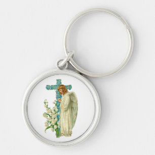 Blue Flowered Christian Cross Key Ring