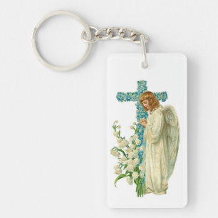 Blue Flowered Christian Cross Key Ring