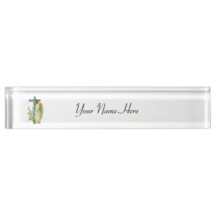 Blue Flowered Christian Cross Nameplate