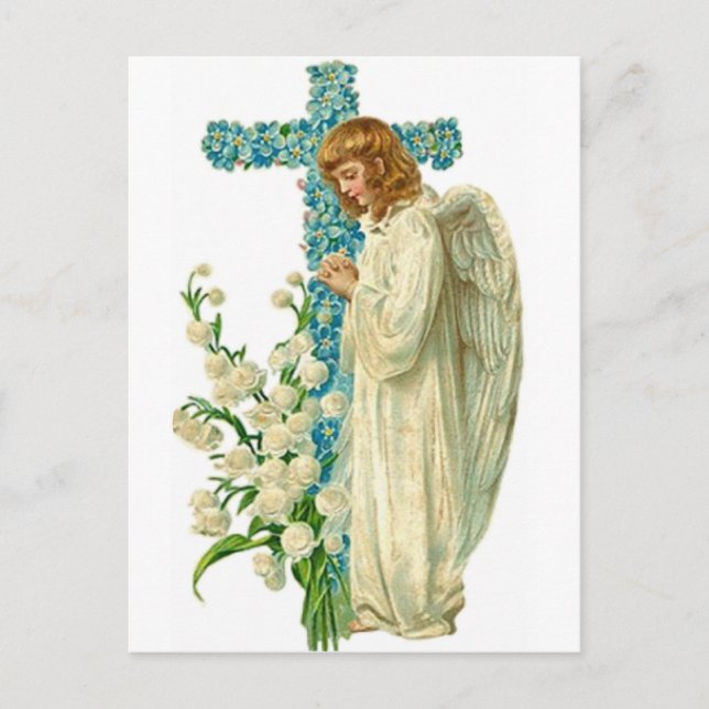Blue Flowered Christian Cross Postcard (Front)